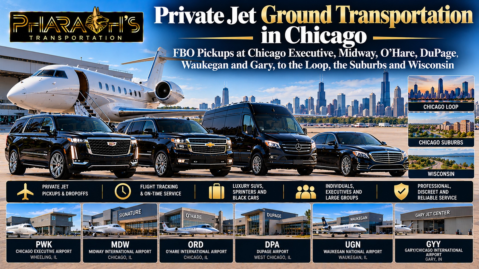 Pharaoh’s Transportation private jet ground transportation in Chicago, with black SUVs, a Sprinter van and a sedan beside a private jet for FBO pickups at Chicago Executive, Midway, O’Hare, DuPage, Waukegan and Gary