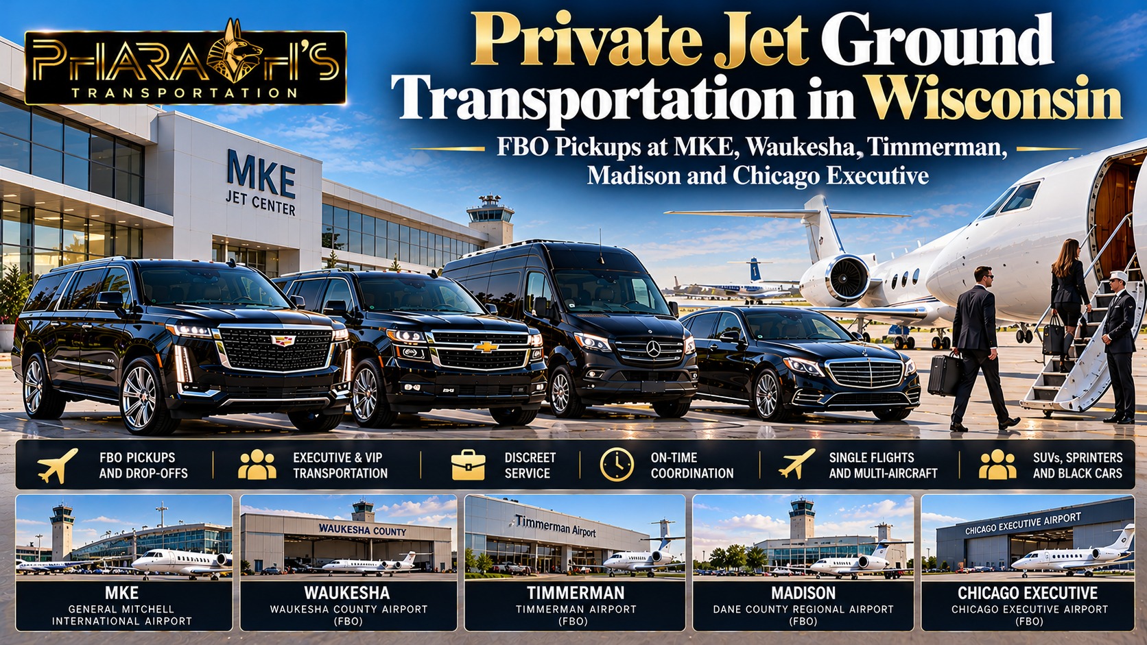 Pharaoh’s Transportation private jet ground transportation in Wisconsin, with black SUVs, a Sprinter van and a sedan at the MKE jet center for FBO pickups