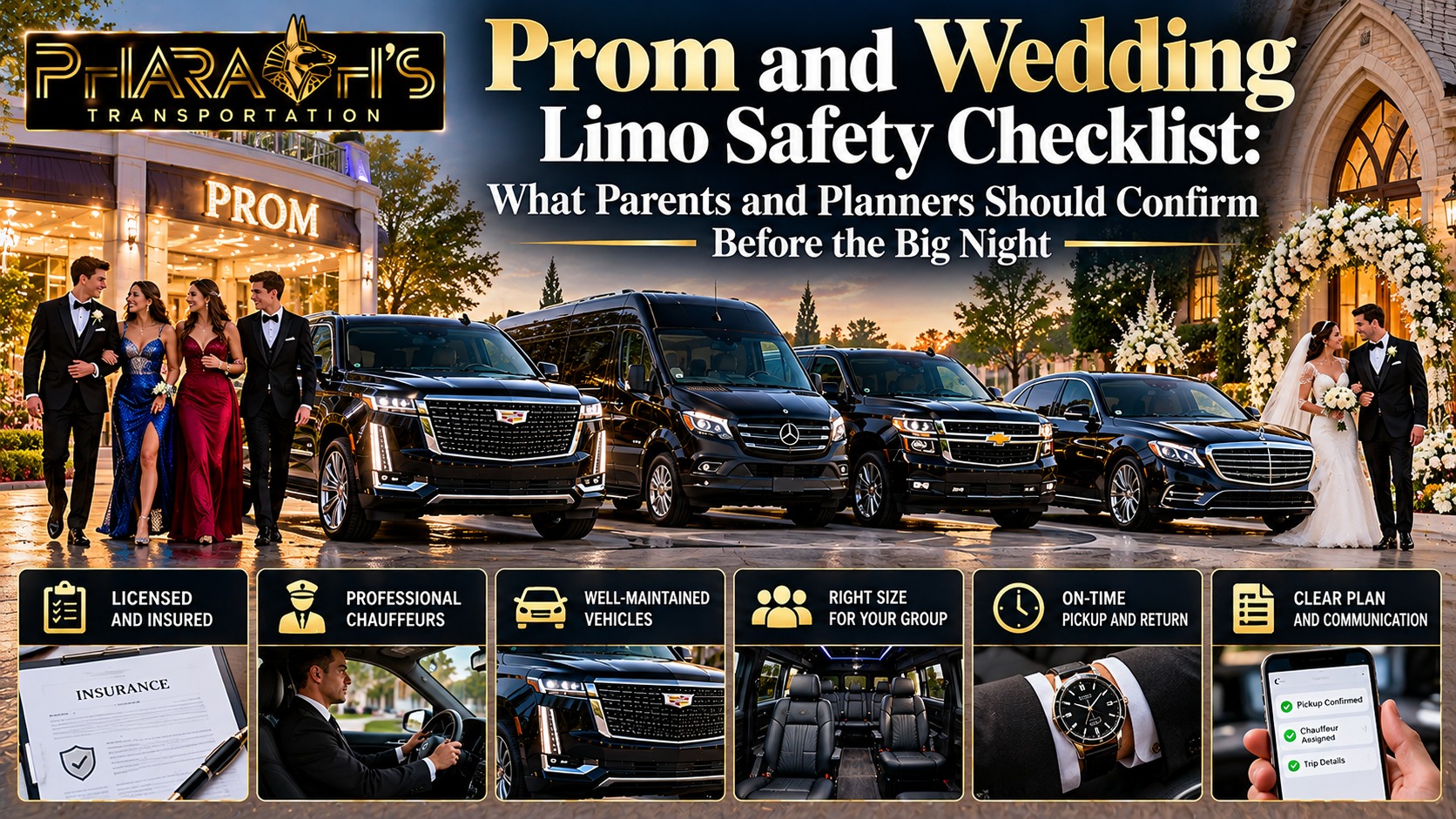 Pharaoh’s Transportation prom and wedding limo safety checklist for parents and planners, with black SUVs, a Sprinter van and a sedan beside a prom group and a wedding couple