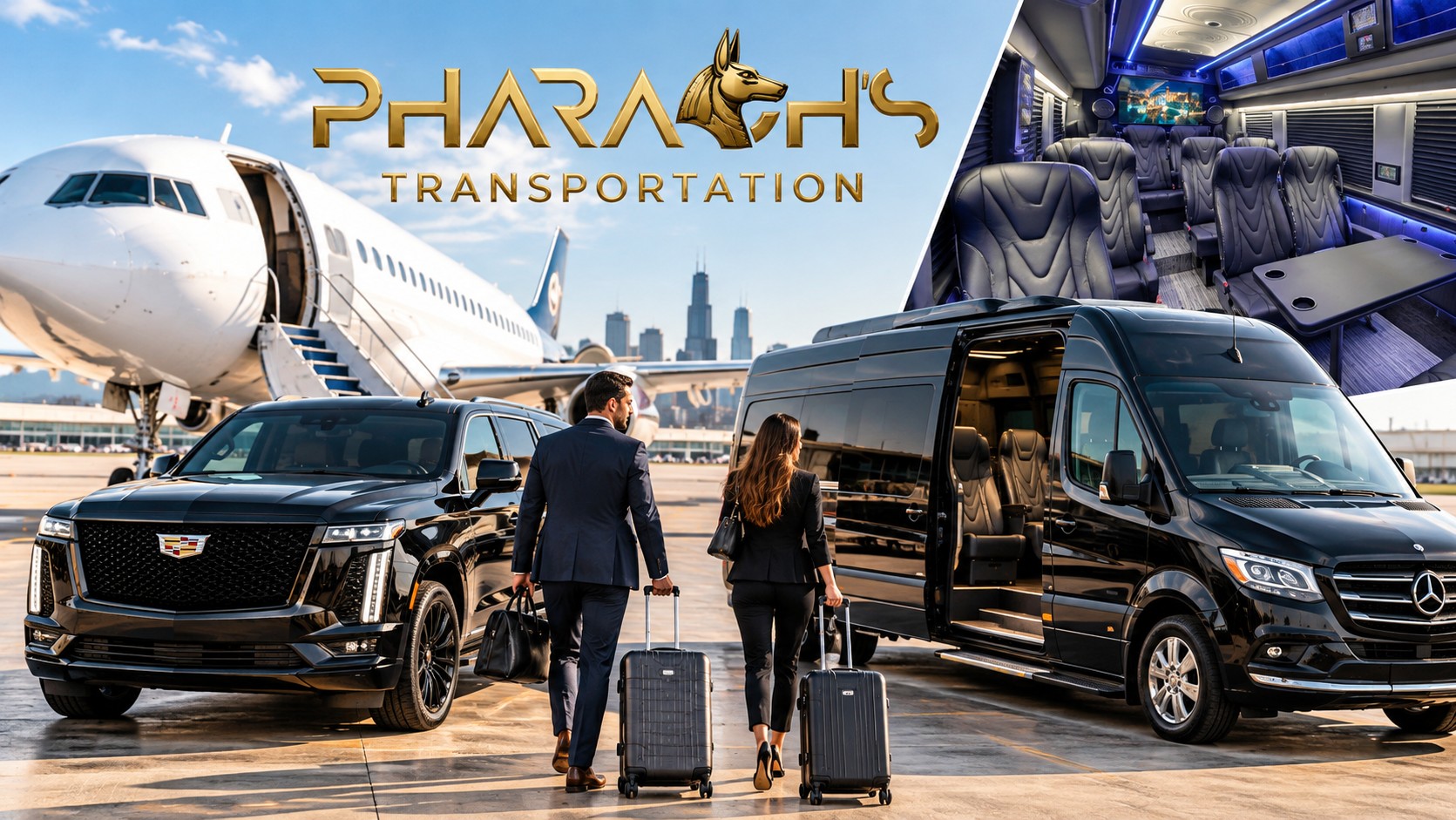 Pharaoh’s Transportation black Cadillac Escalade and Mercedes Sprinter van with business travelers and luggage on an airport tarmac, plus a luxury Sprinter interior