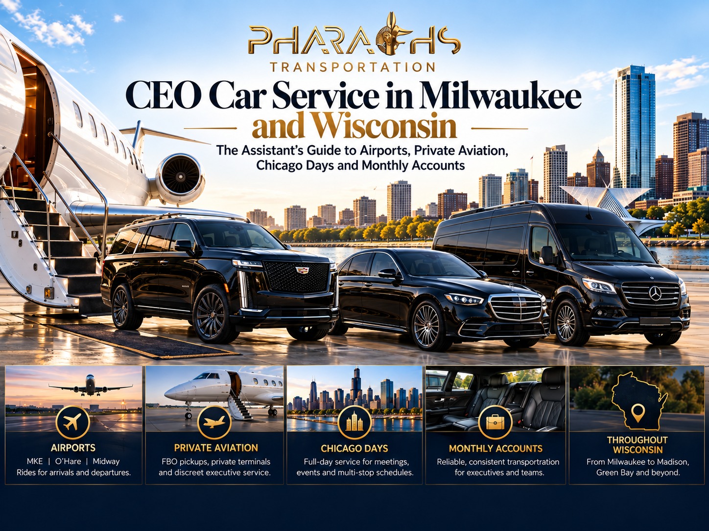 Pharaohs Transportation Escalade, sedan and Sprinter van beside a private jet with the Milwaukee skyline behind