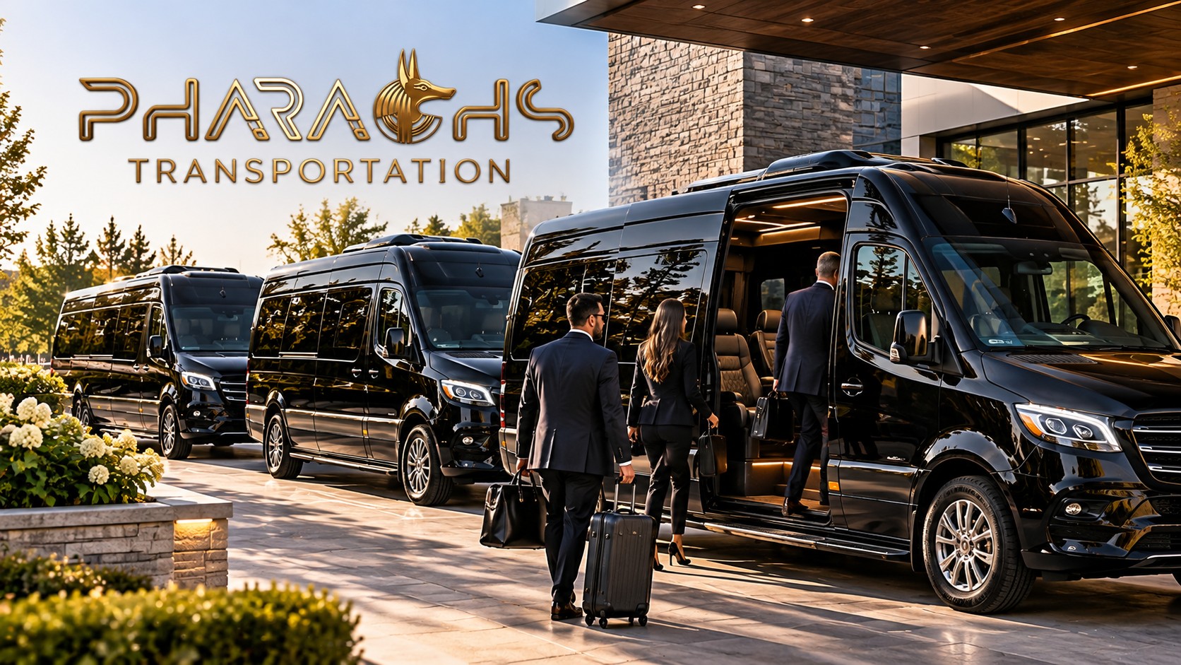 Business travelers with luggage boarding a black Pharaohs Transportation Mercedes Sprinter executive van at a hotel entrance