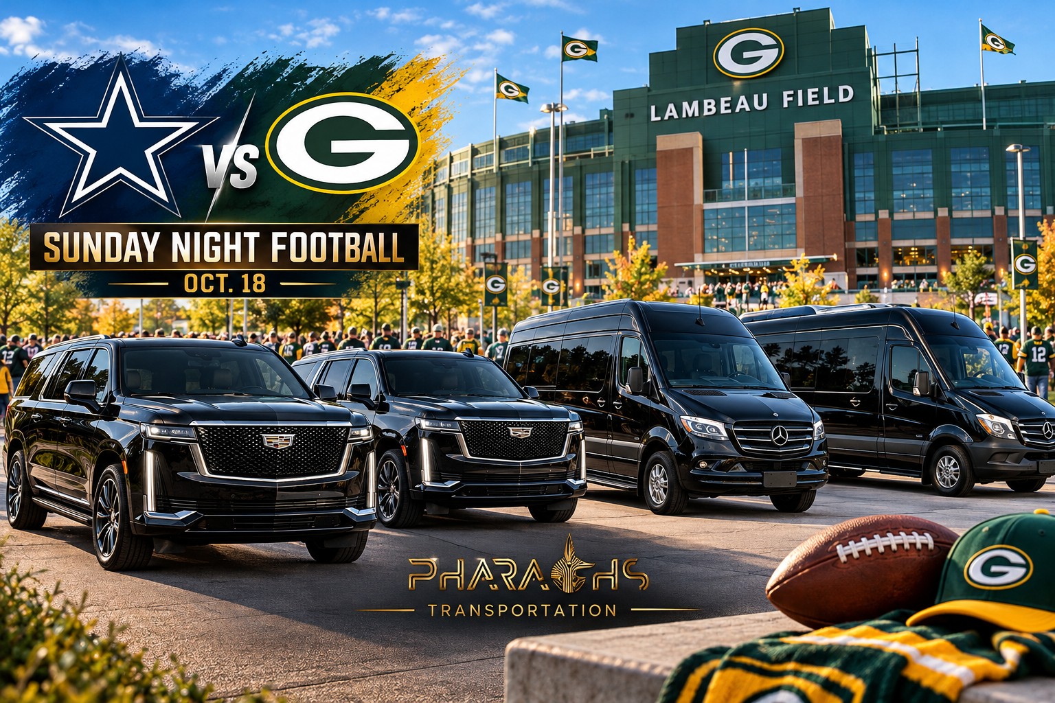 Pharaohs Transportation black Cadillac Escalade SUVs and Mercedes Sprinter vans parked outside Lambeau Field in Green Bay for the Dallas Cowboys vs Green Bay Packers Sunday Night Football game on Oct. 18.