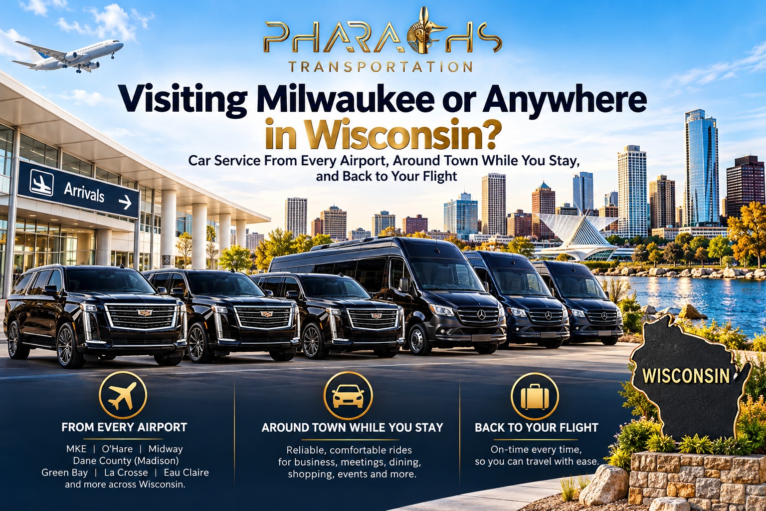 Pharaohs Transportation Cadillac Escalades and Sprinter vans at a Wisconsin airport with the Milwaukee skyline behind