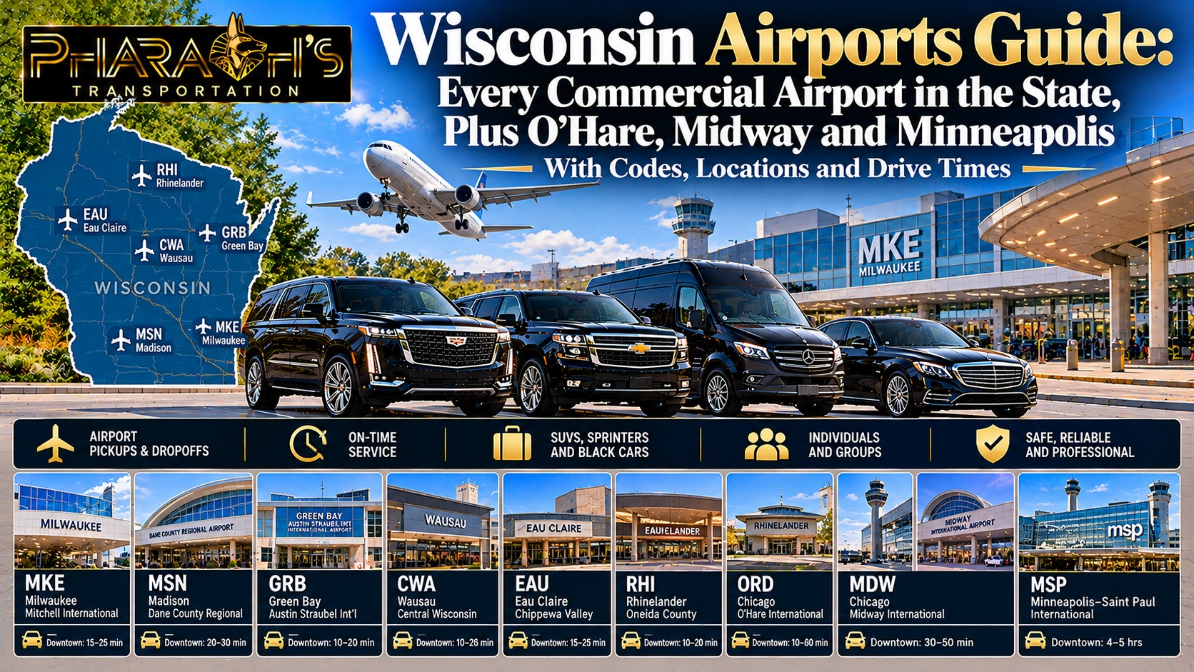 Pharaoh’s Transportation Wisconsin airports guide with a state map, airport codes MKE, MSN, GRB, CWA, EAU and RHI, plus O’Hare, Midway and Minneapolis, with black SUVs, a Sprinter van and a sedan at Milwaukee airport