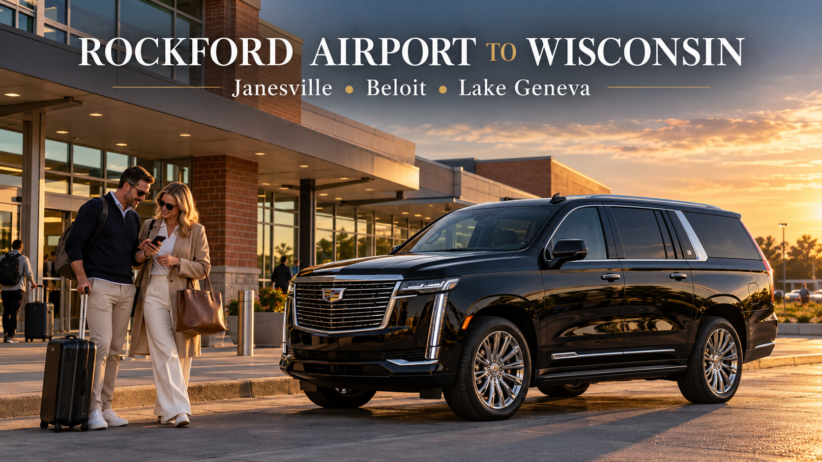 Rockford airport car service with a black Cadillac Escalade for travelers heading to Janesville, Beloit and Lake Geneva