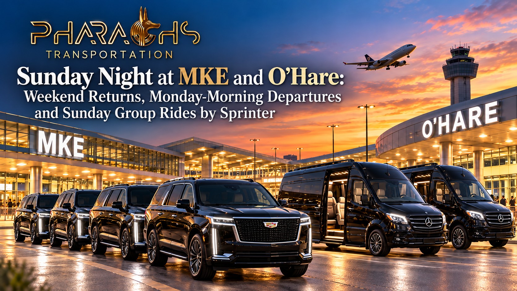 Pharaohs Transportation black Cadillac Escalade SUVs and Mercedes Sprinter vans lined up at sunset outside the MKE and O’Hare airport terminals for Sunday night weekend returns and group rides