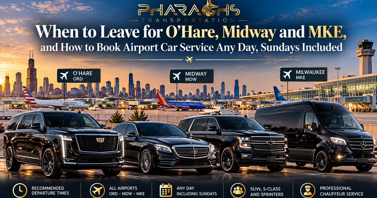 Pharaohs Transportation airport car service with black Cadillac Escalade, Mercedes S-Class, Suburban and Sprinter at O’Hare, Midway and MKE showing when to leave for the airport