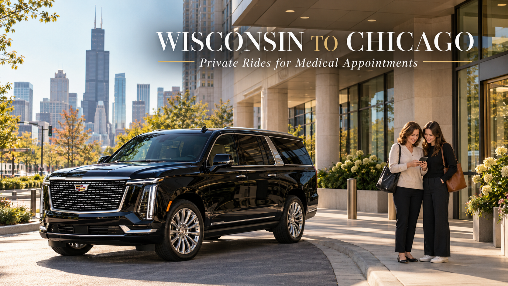 Medical transportation to Chicago from Wisconsin with a black luxury SUV outside a medical office building